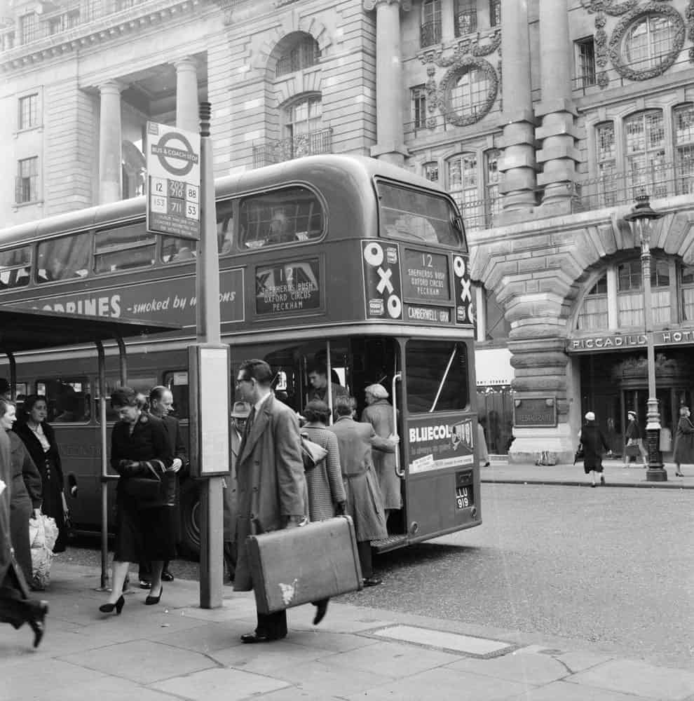 london bus stop black and white