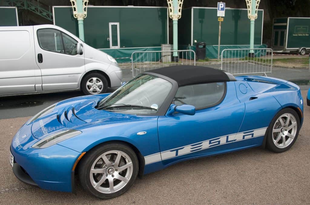 Blue Tesla Roadster Electric Car