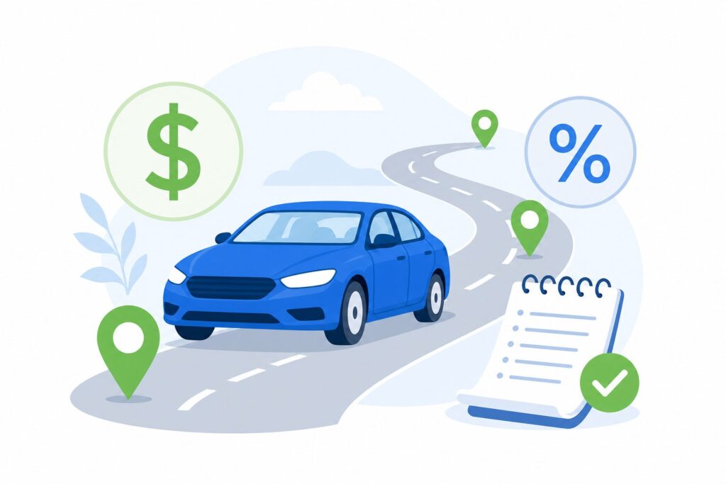 Blue car driving along a winding road with location pins, a large dollar sign and a percent symbol overhead, and a checklist on the right. Purpose: illustrate auto cost savings and route planning.