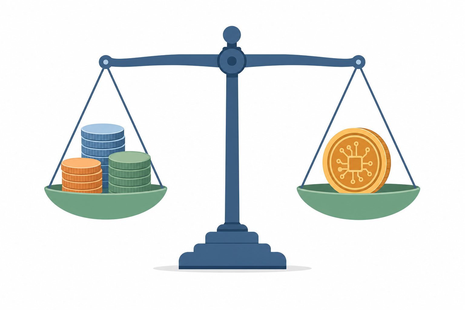 Illustration comparing crypto vs index funds, a balance scale weighing index fund coins against a single bitcoin coin