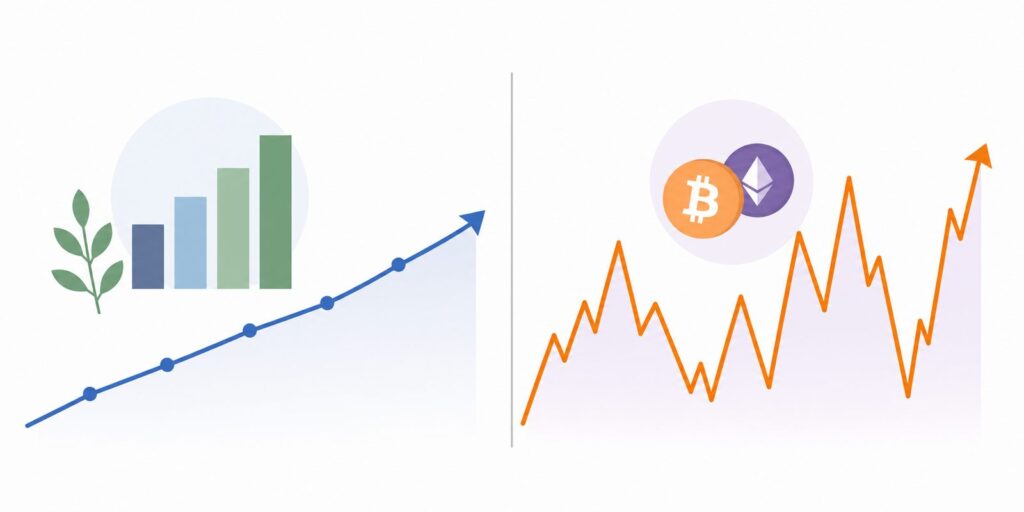Chart illustration comparing crypto vs index funds, showing a steady diversified growth line versus a volatile crypto price line