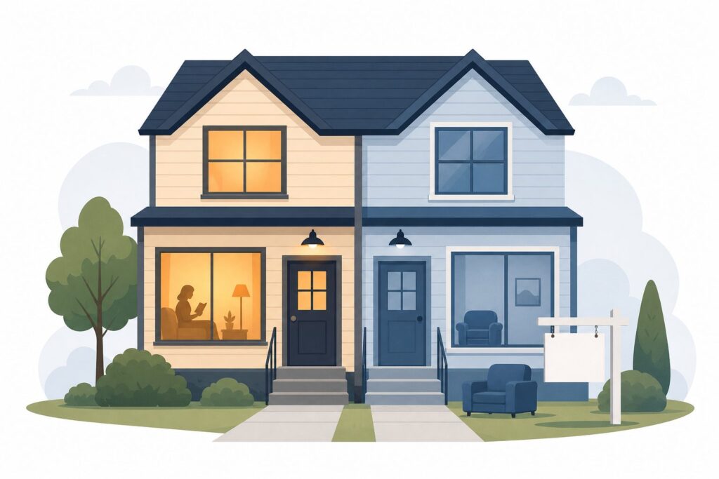 House hacking for beginners: a duplex illustration with one unit occupied and one unit for rent