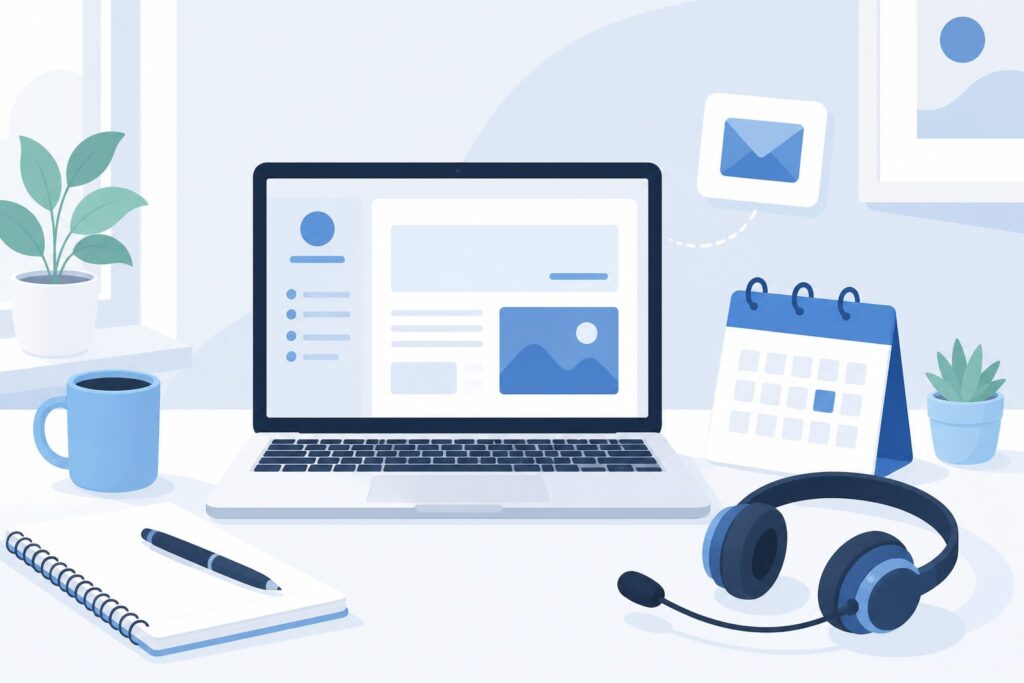 How to become a virtual assistant with no experience: a laptop workspace representing remote admin work