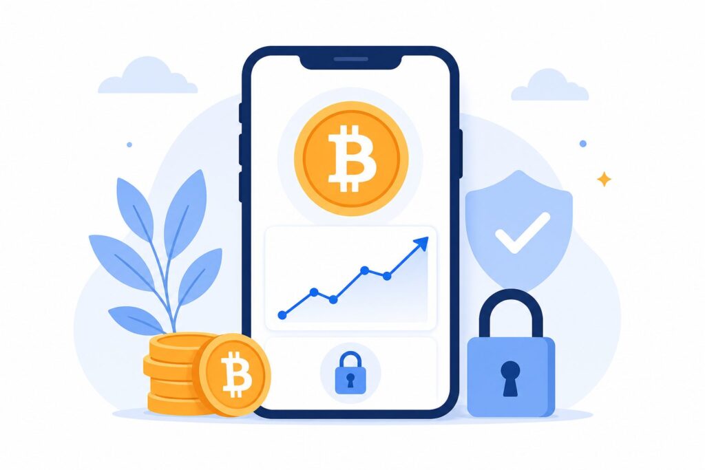 A phone showing a Bitcoin icon and a simple chart, illustrating how to buy Bitcoin for beginners