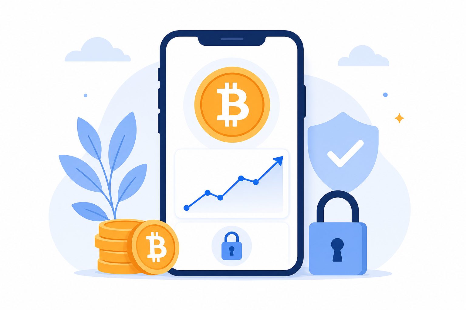 A phone showing a Bitcoin icon and a simple chart, illustrating how to buy Bitcoin for beginners