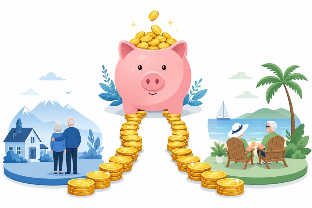 Mega backdoor Roth illustration showing a piggy bank split between a 401k and a Roth account