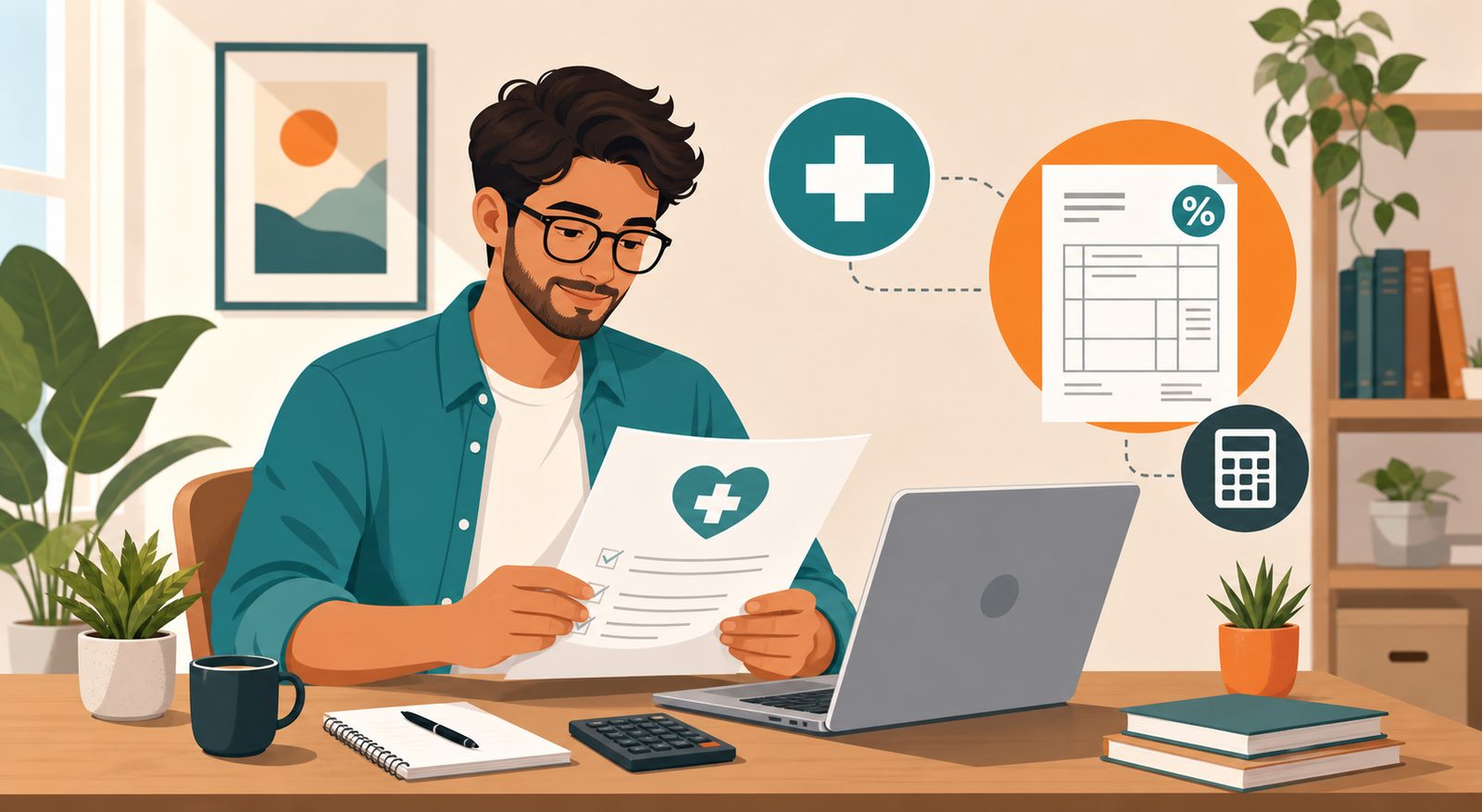 Self-employed health insurance deduction: freelancer reviewing health insurance paperwork and tax forms