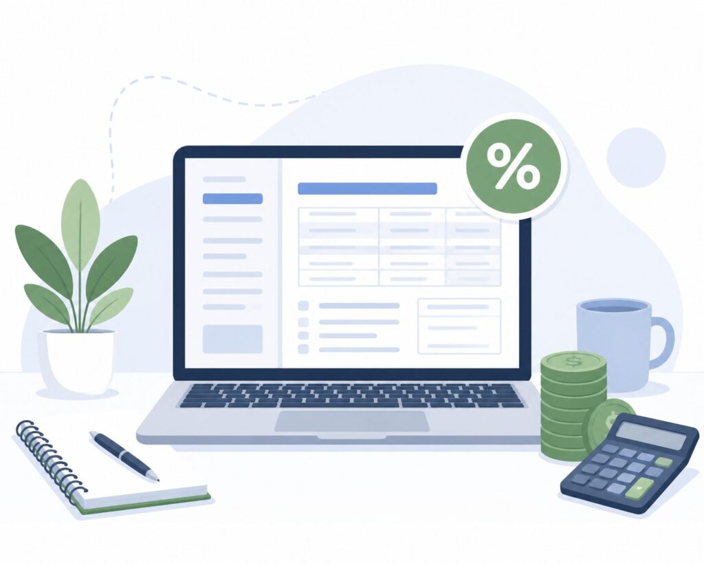 QBI deduction for freelancers illustrated with a laptop, tax form, and calculator