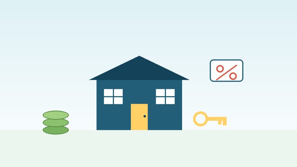 A small house, a stack of coins, and a percentage fee icon representing how an Airbnb side hustle works