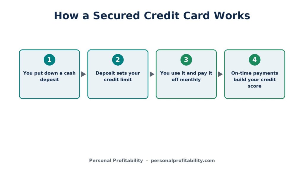 How does a secured credit card work: deposit, credit limit, monthly payoff, credit score graphic