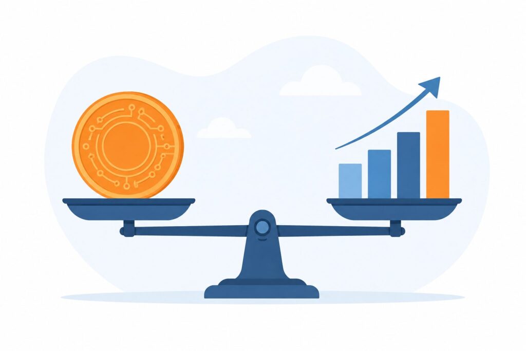 Is crypto a good investment illustration comparing a bitcoin coin on a balance scale against a stock market chart