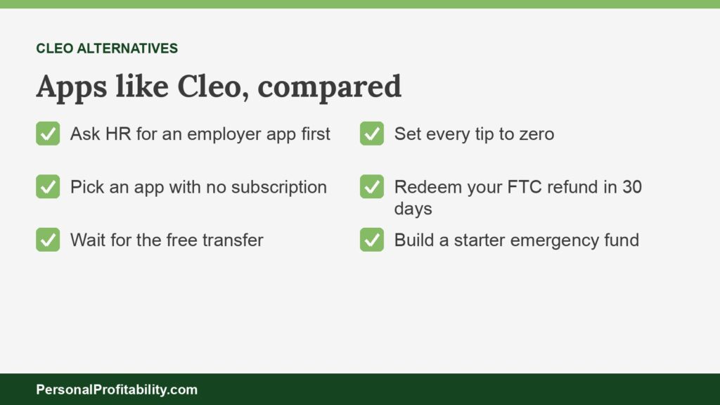 Apps like Cleo compared by subscription cost, free transfers, and advance limits