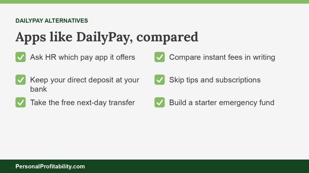 Apps like DailyPay compared by free path, instant fee, and direct deposit routing