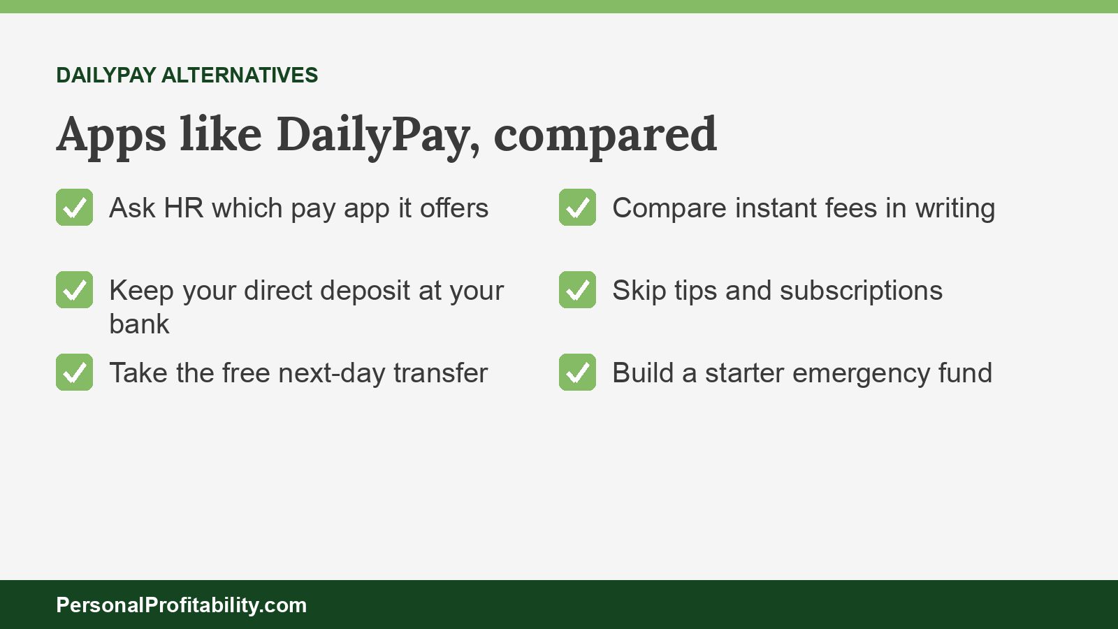 Apps like DailyPay compared by free path, instant fee, and direct deposit routing
