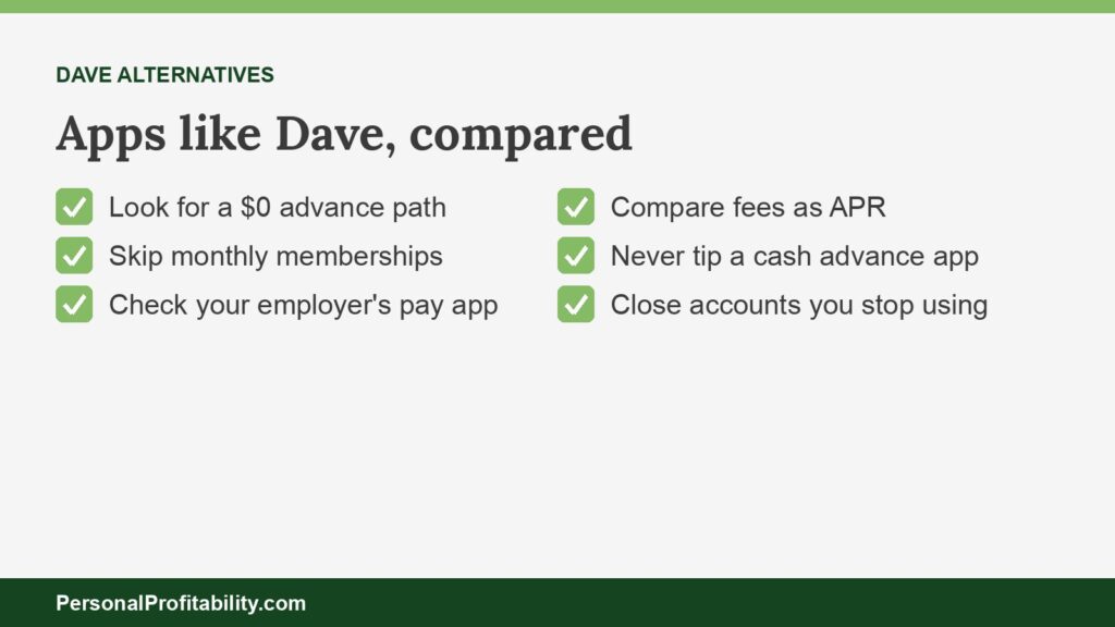 Apps like Dave compared by free path, monthly fee, and cost of a $100 advance