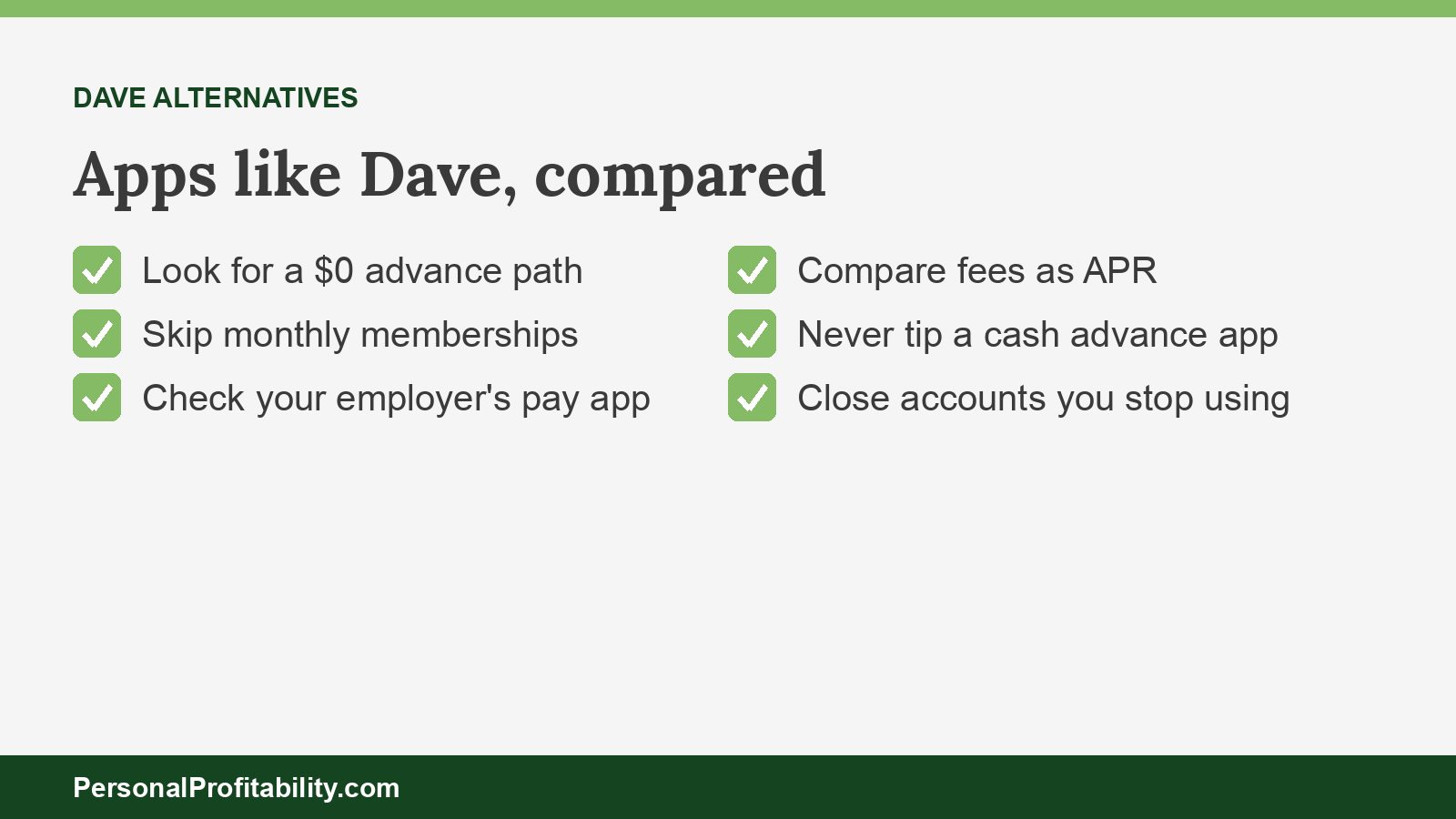 Apps like Dave compared by free path, monthly fee, and cost of a $100 advance
