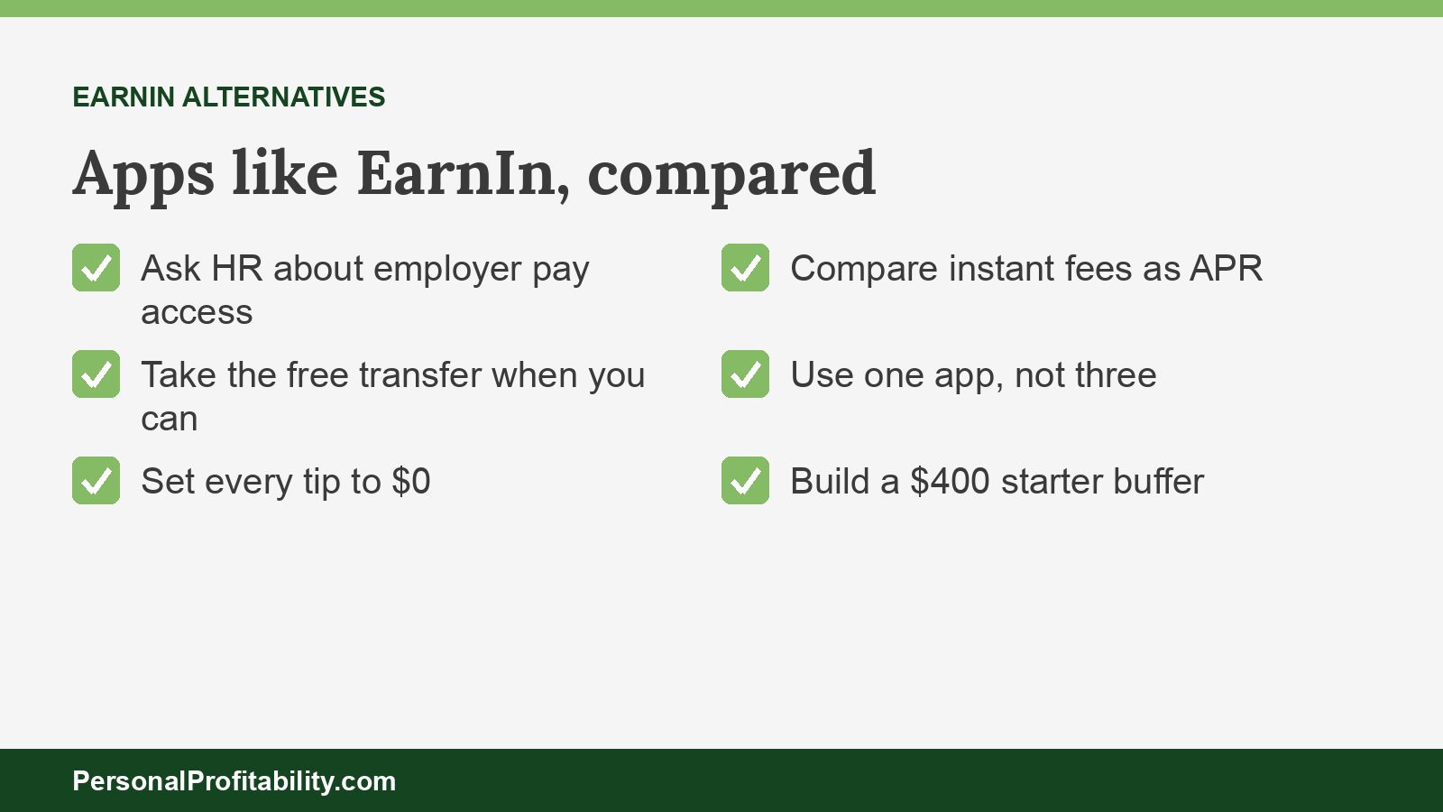 Apps like EarnIn compared by instant fee, free transfer, and whether you need your employer