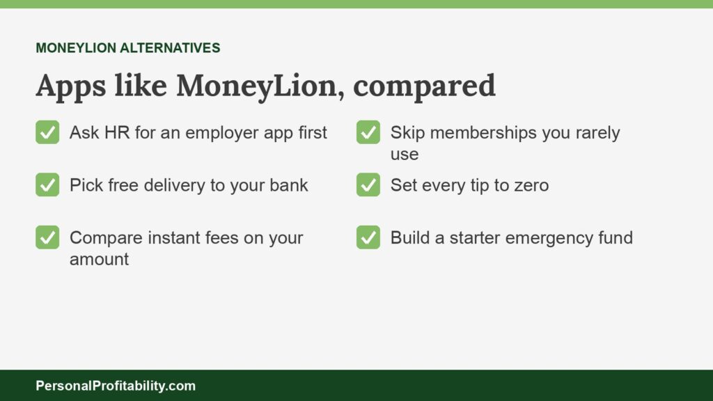 Apps like MoneyLion compared by free delivery to your own bank, instant fees, and advance limits