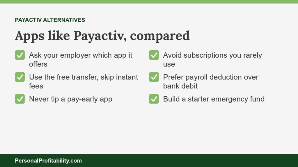 Apps like Payactiv compared by free path, fees, and whether you need your employer