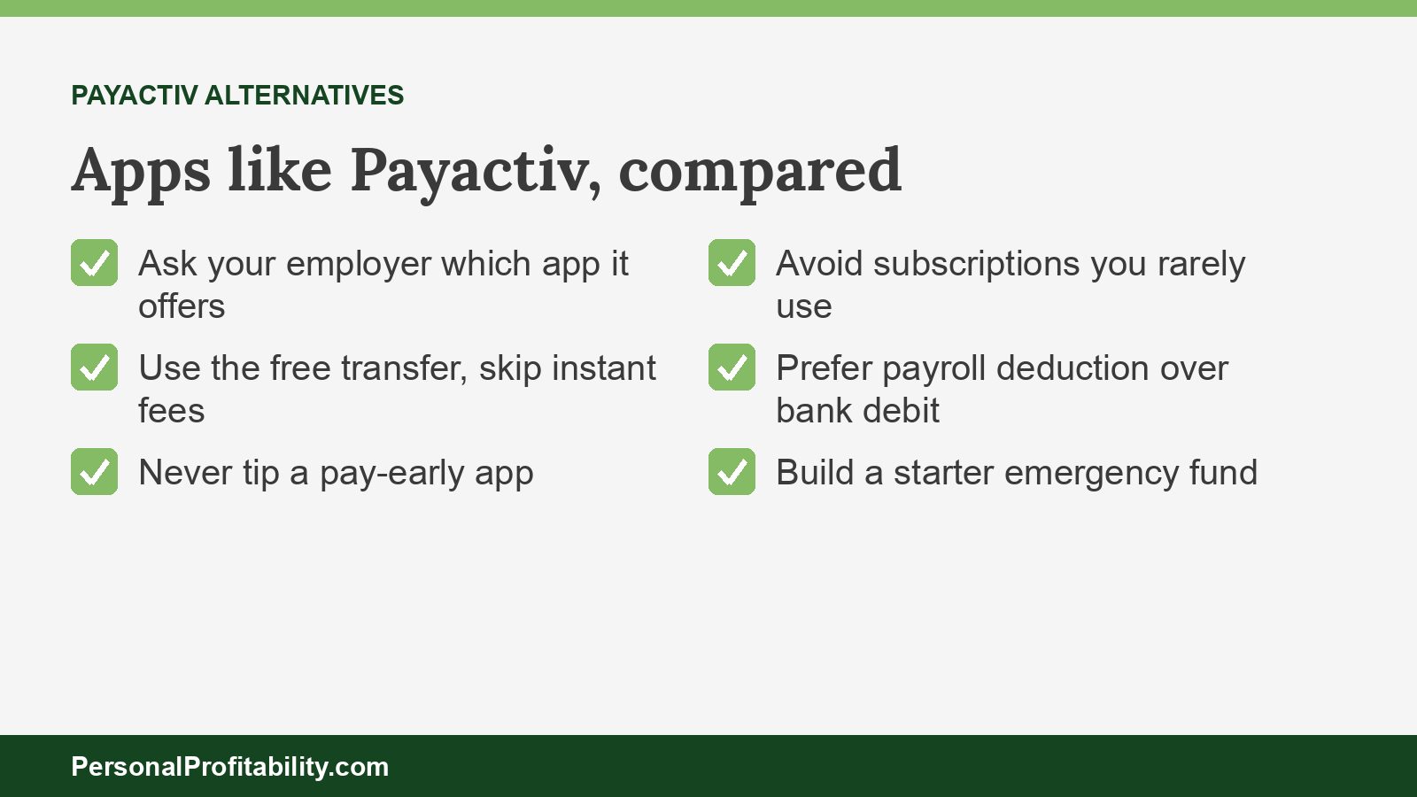 Apps like Payactiv compared by free path, fees, and whether you need your employer