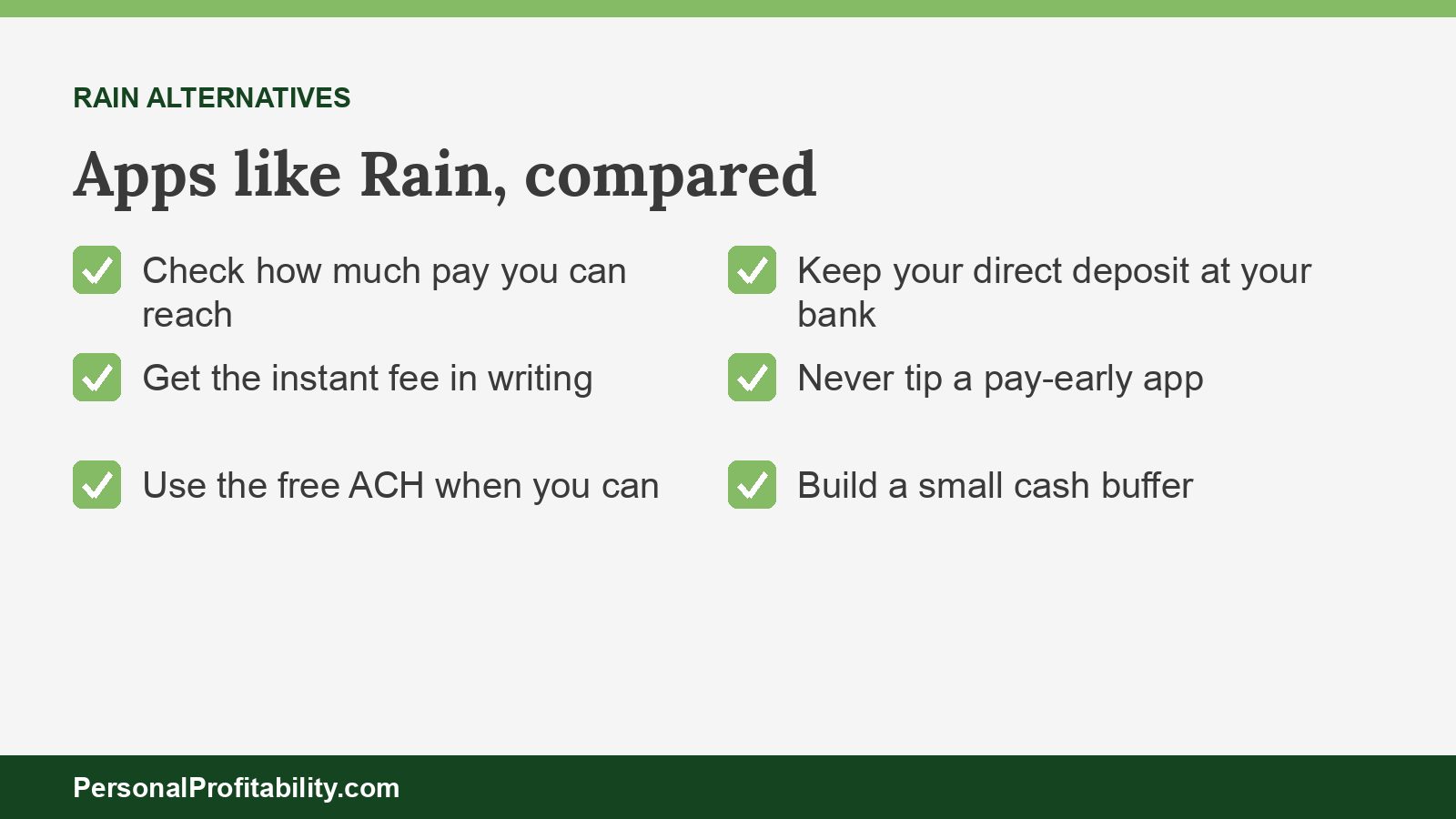 Apps like Rain compared by access cap, published instant fee, and free path