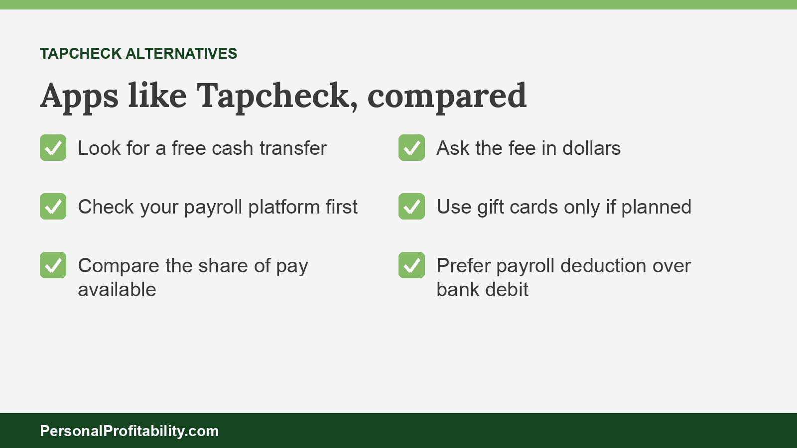Apps like Tapcheck compared by free cash transfer, access cap, and fees