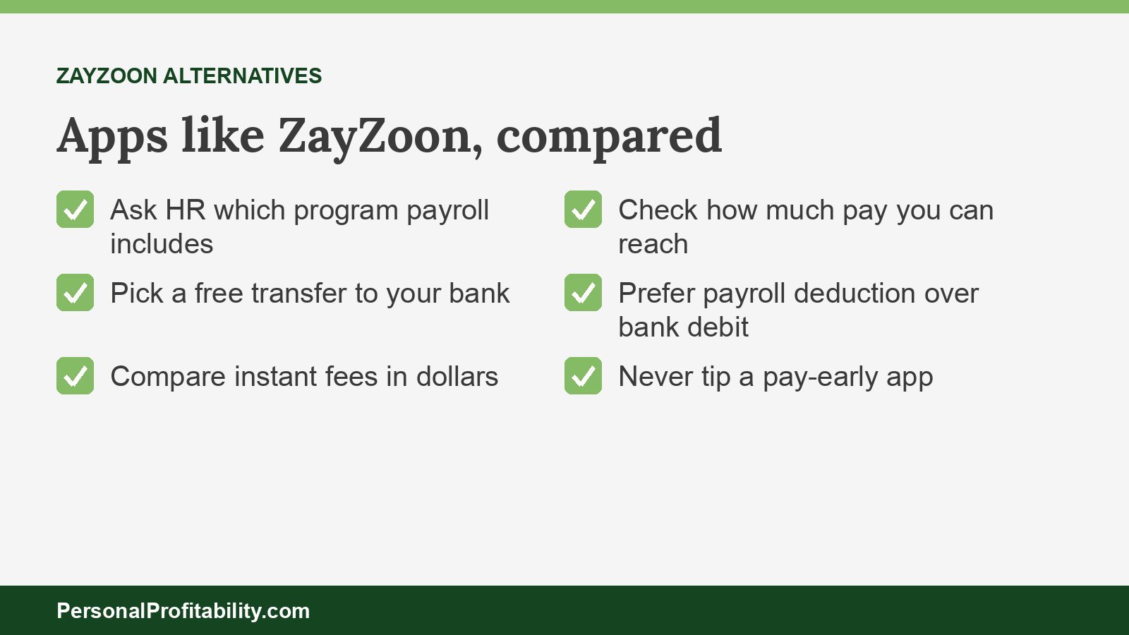 Apps like ZayZoon compared by free path to cash, instant fee, and access cap