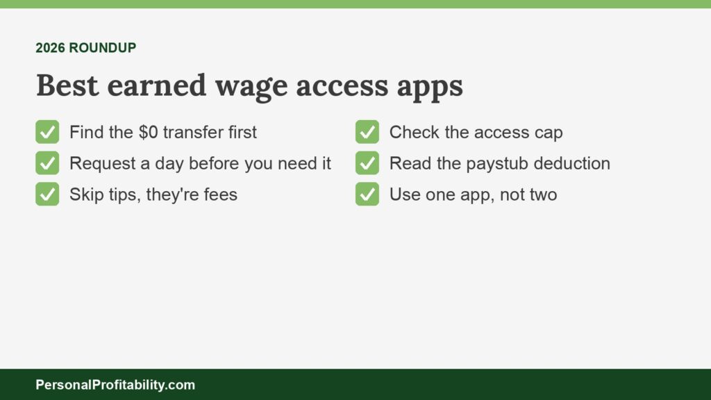 Checklist comparing the best earned wage access apps by free option, instant fee, cap, and catch
