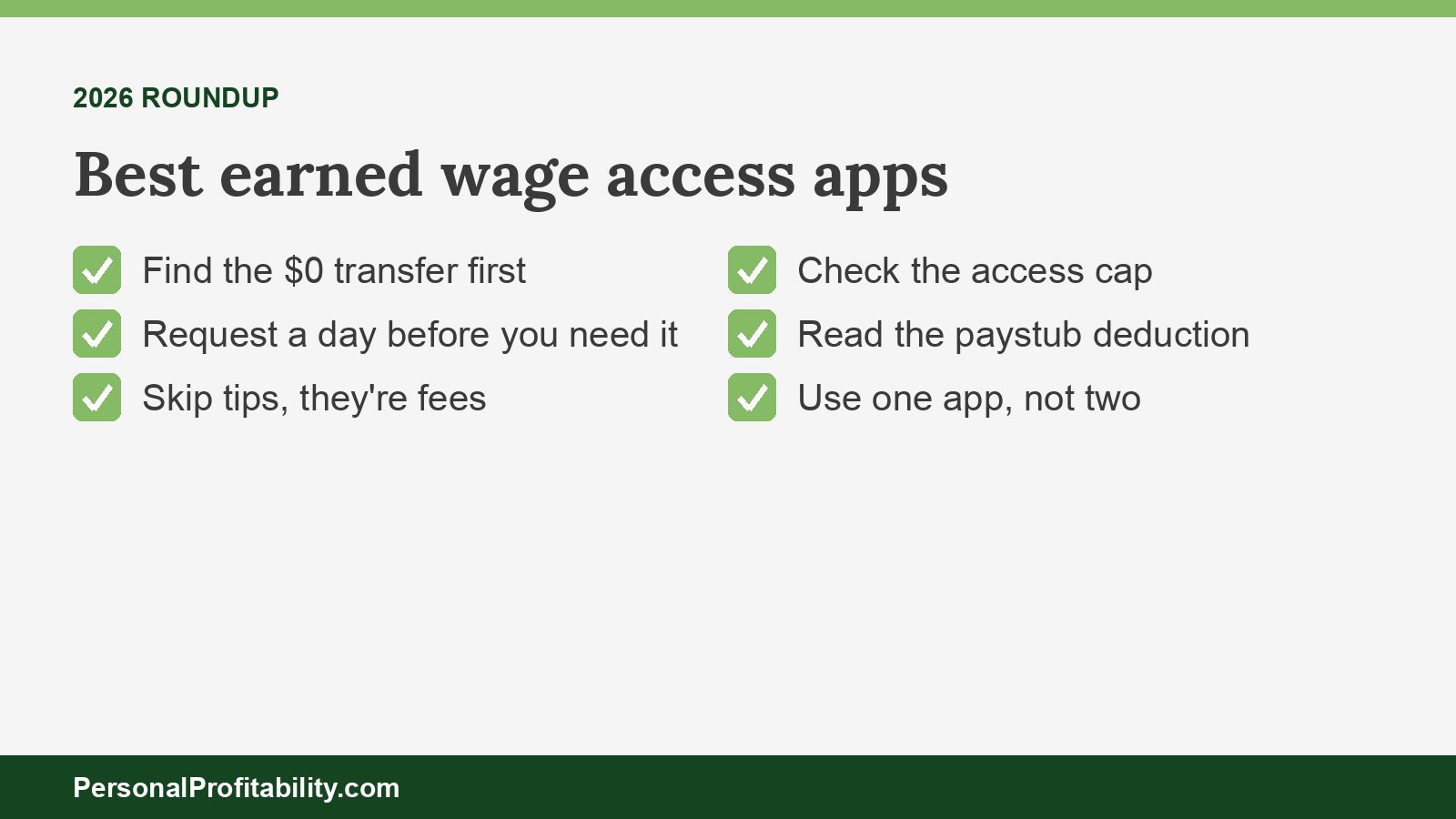 Checklist comparing the best earned wage access apps by free option, instant fee, cap, and catch