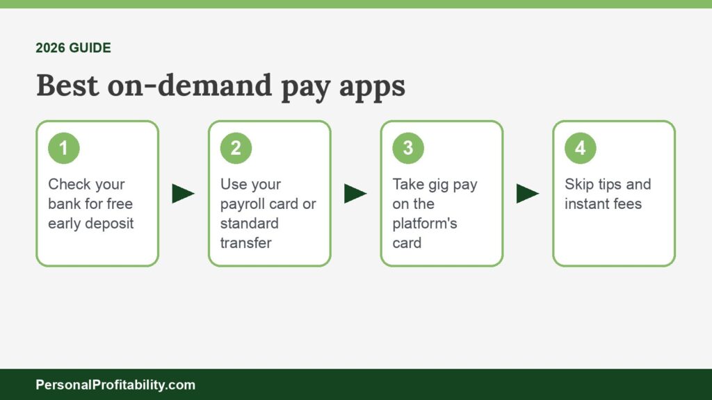 Diagram of the best on-demand pay apps grouped by payroll, employer app, gig platform, early deposit, and direct advance