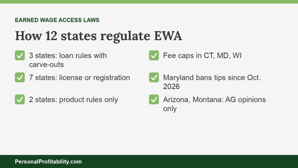 Earned wage access laws by state: 12 states split into three groups