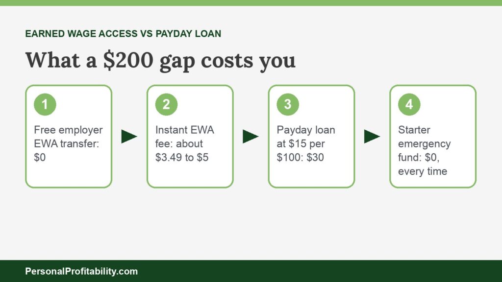 Earned wage access vs payday loan cost comparison on a $200 shortfall