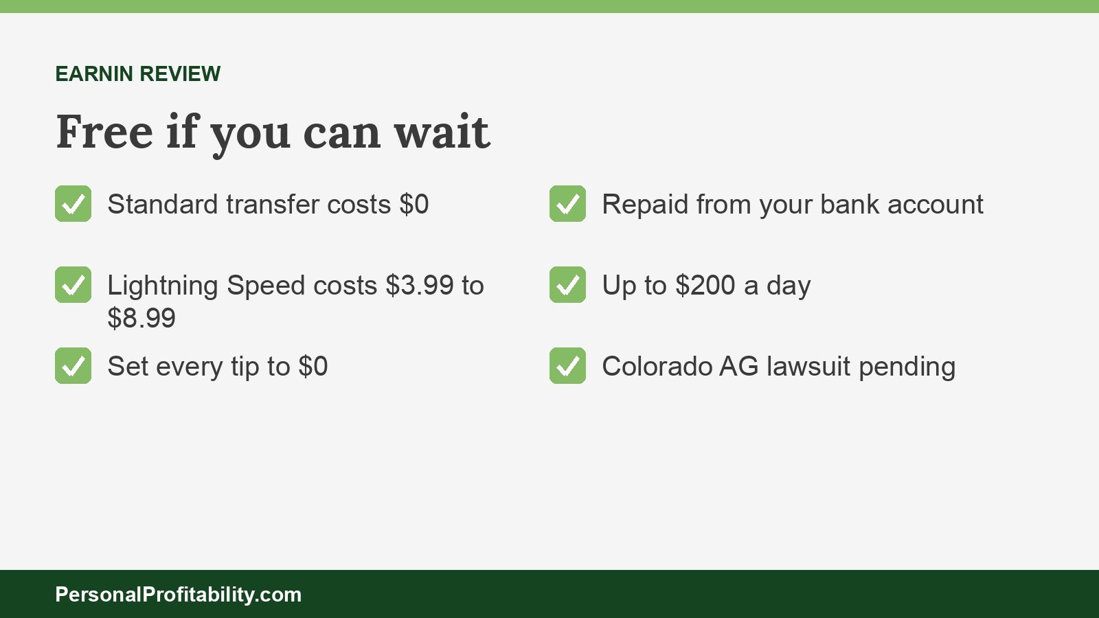 EarnIn review checklist showing the free transfer, Lightning Speed fees, bank repayment, and lawsuits