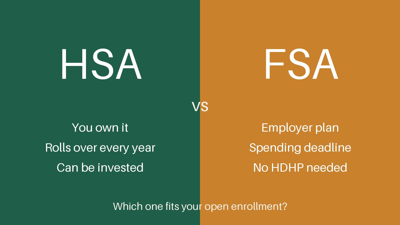 HSA vs FSA comparison graphic showing ownership, rollover and eligibility differences