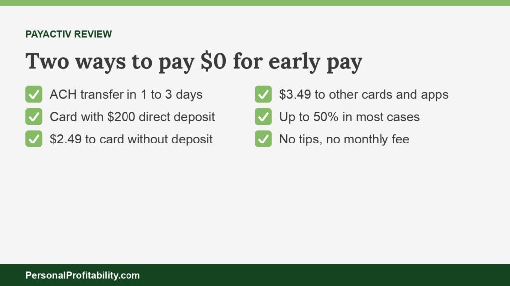 Payactiv review graphic showing the free and paid ways to access earned wages